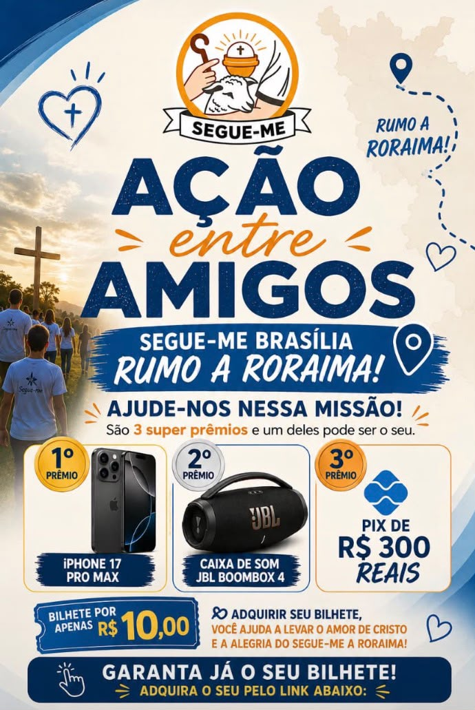 Ação entre amigos do SEGUE-ME Brasília rumo a Roraima, com prêmios iPhone 17 Pro Max, caixa JBL Boombox 4 e Pix de 300 reais